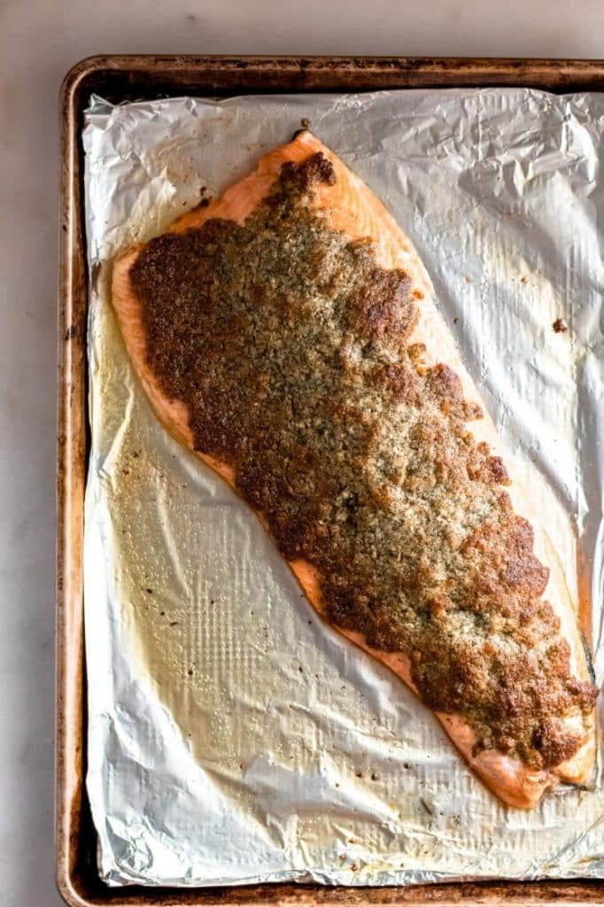 baked deboned salmon fillet topped with parmesan dill mixture