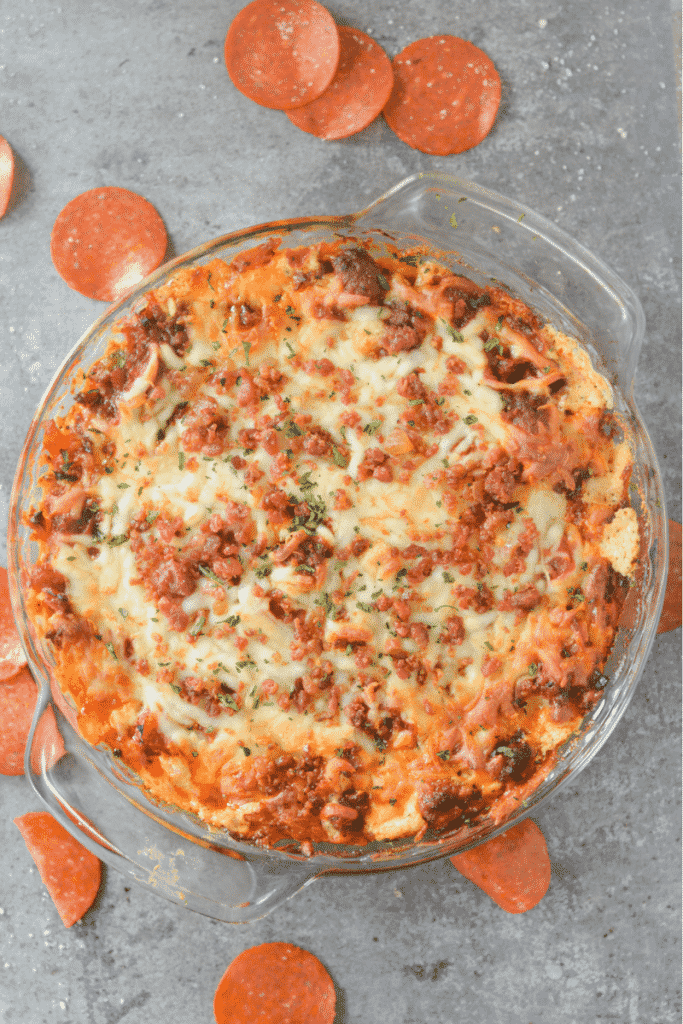 glass dish with easy keto pizza dip