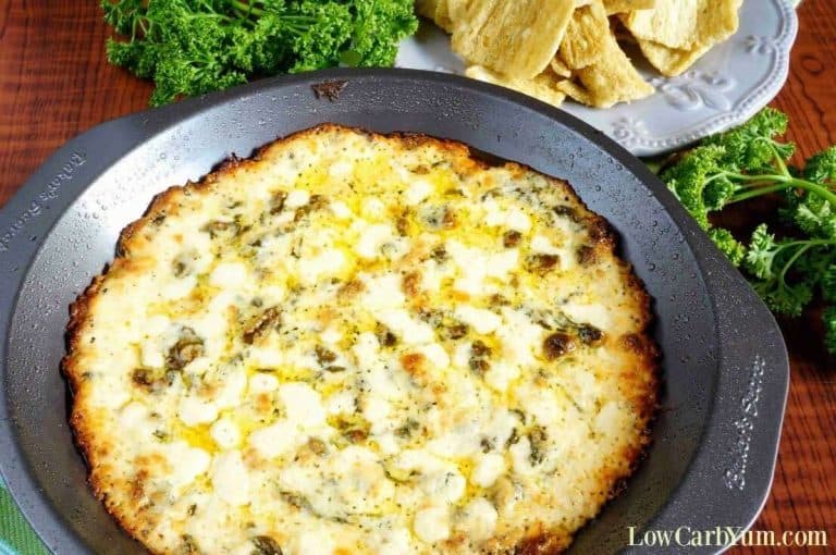 low carb spinach dip in a metal pan