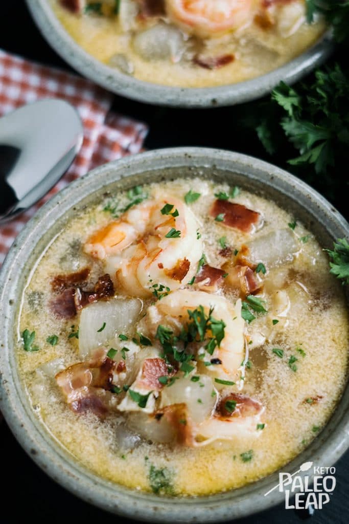 seafood chowder in a gray stone bowl