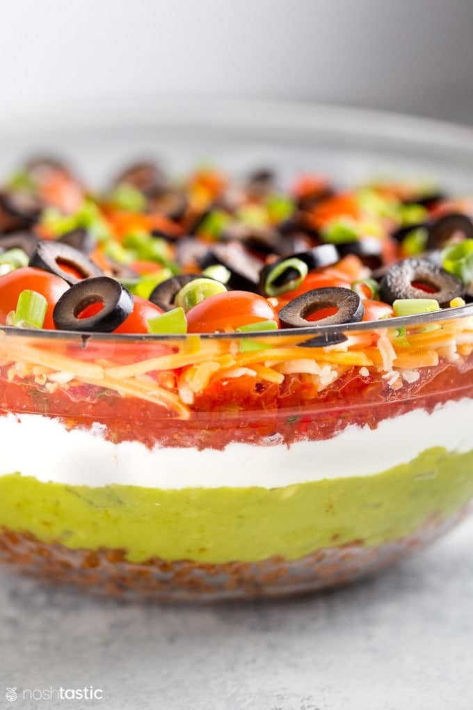 side angle of bowl with seven layer dip