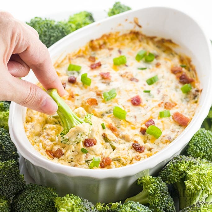 warm crack dip with broccoli