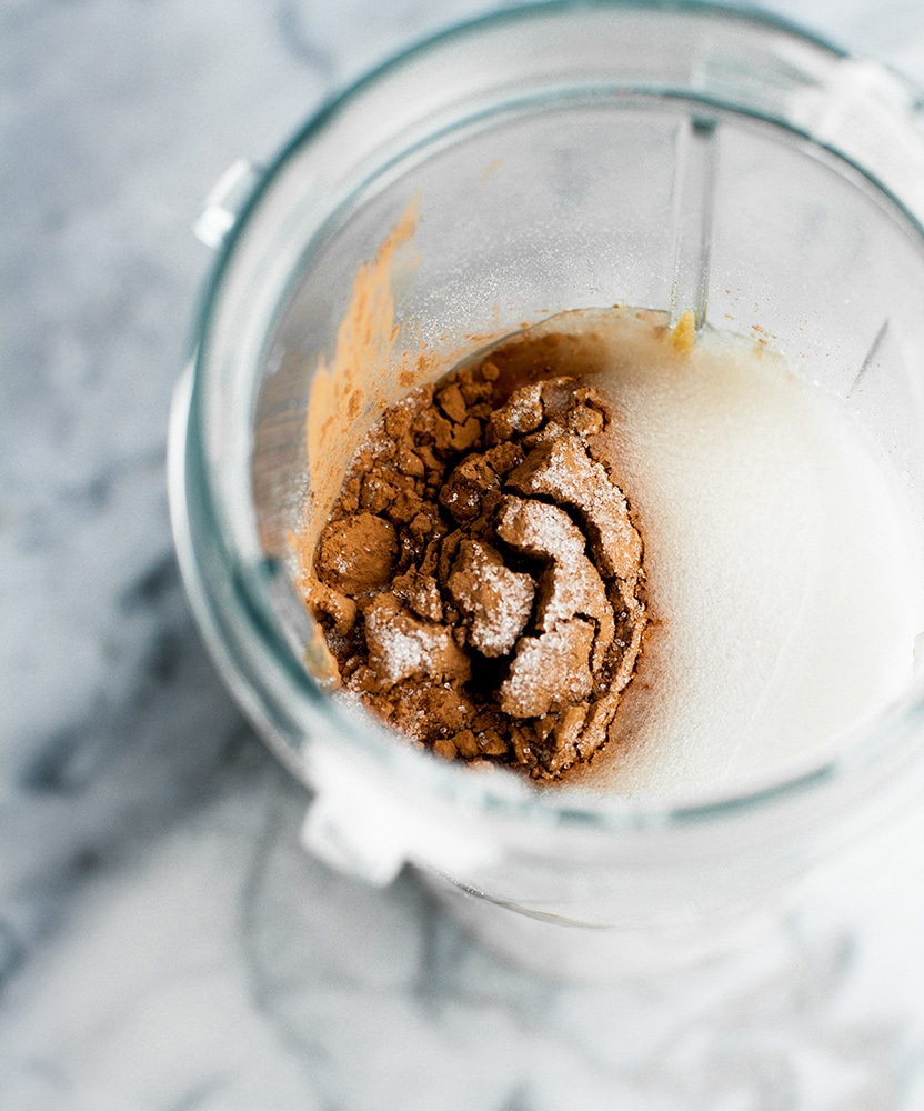 Chocolate Fat Bomb Smoothie ingredients poured into a blender