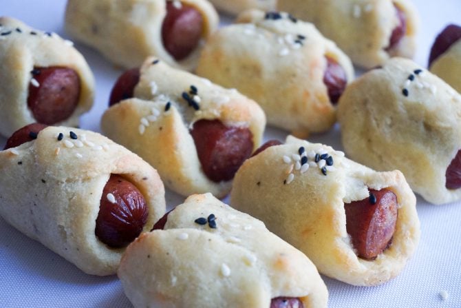 closeup of keto pigs in a blanket lined up