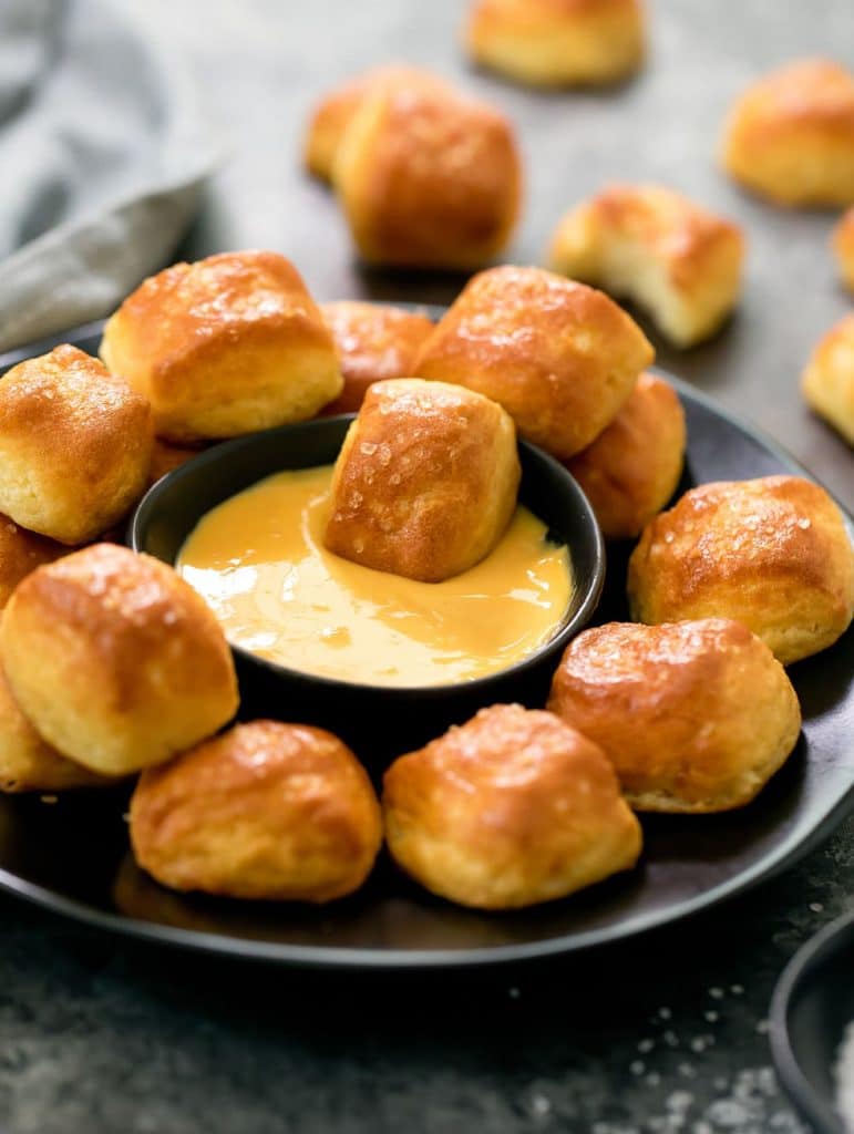 low carb keto soft pretzel bites with cheese sauce