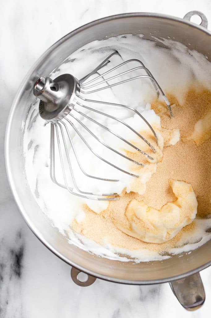 cream cheese whisked with monk fruit sweetener using an electric mixer