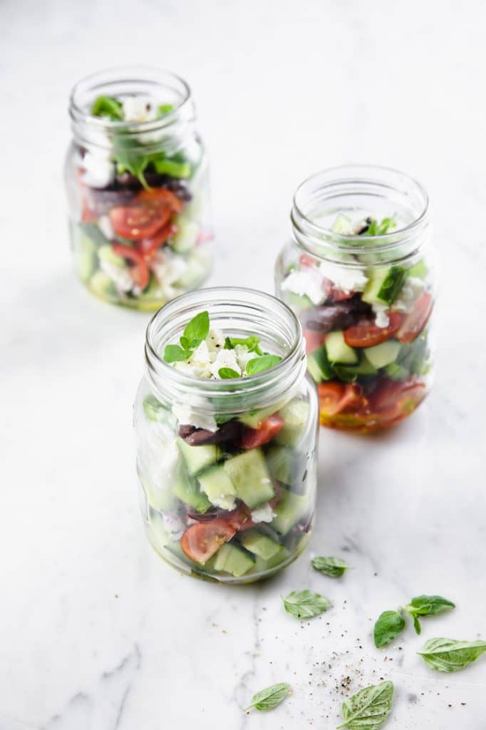 3 mason jar servings of low carb greek salad