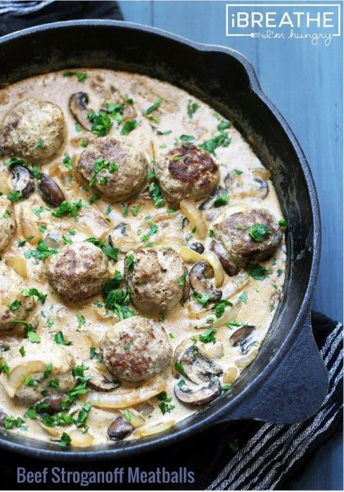 low carb beef stroganoff meat balls in a cast iron skillet