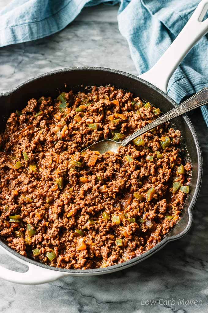 homemade sloppy joes in a cast iron skillet
