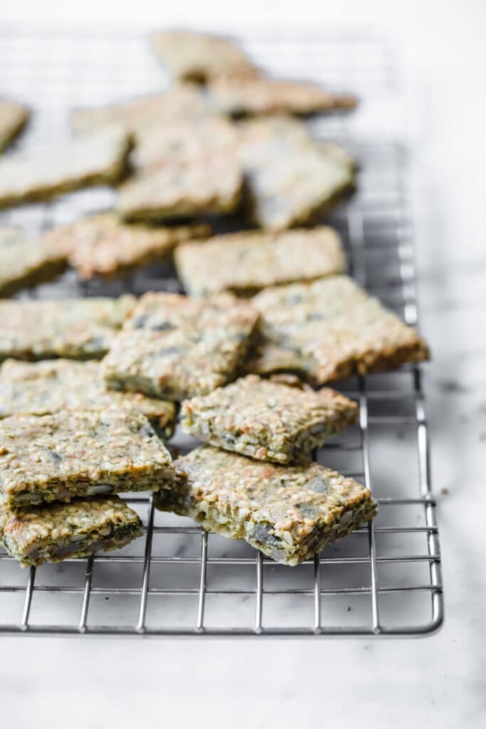 nut free keto crackers resting on a cooling rack