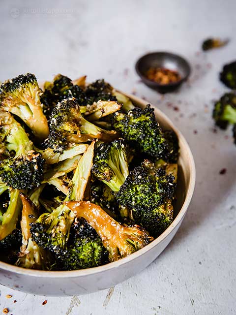 a bowl of low carb asian spiced broccoli
