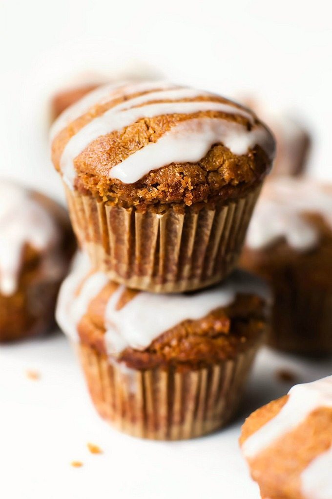 Low Carb Cinnamon Roll Muffins stacked on top of each other