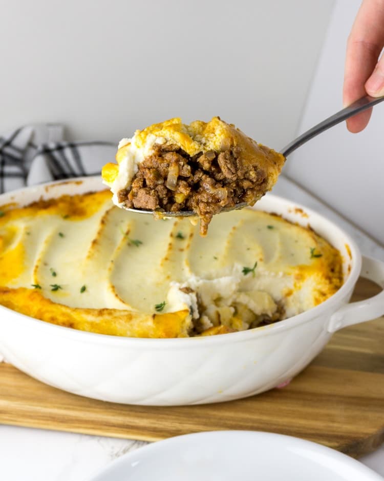 a spoonful of Shepard's Pie with Cauliflower Topping