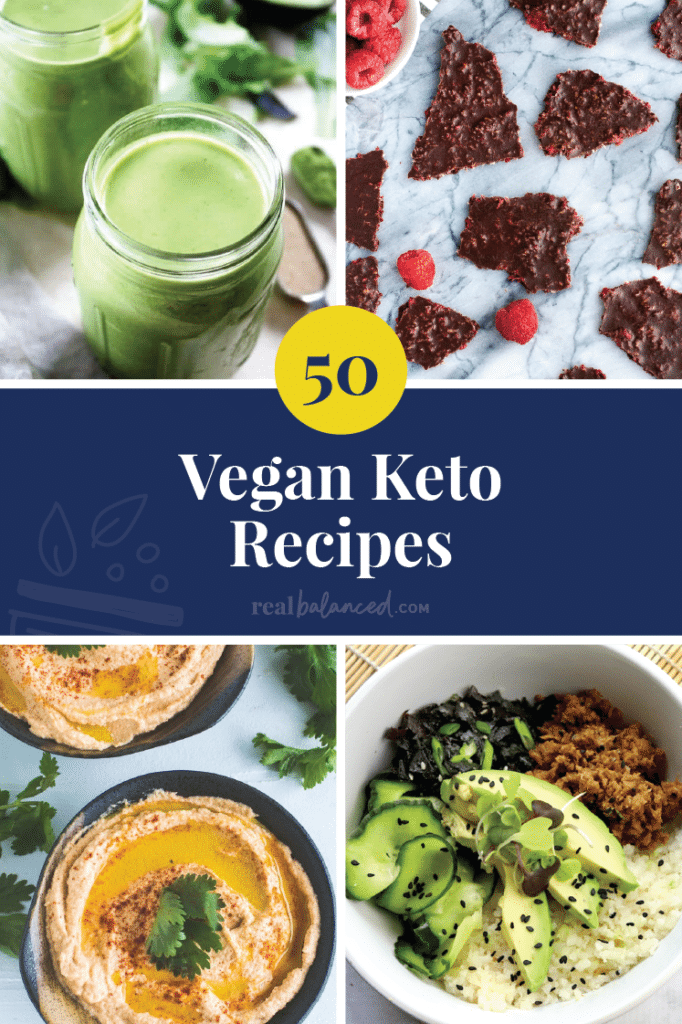 50 Vegan Keto Recipes post featured image featuring 4 different recipe final shots