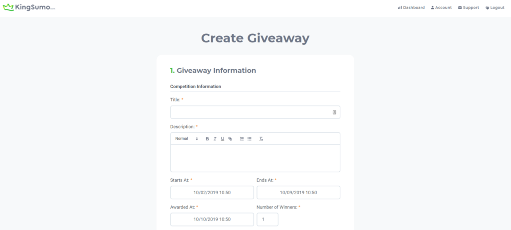 Kingsumo step 1 in how to set up the giveaway