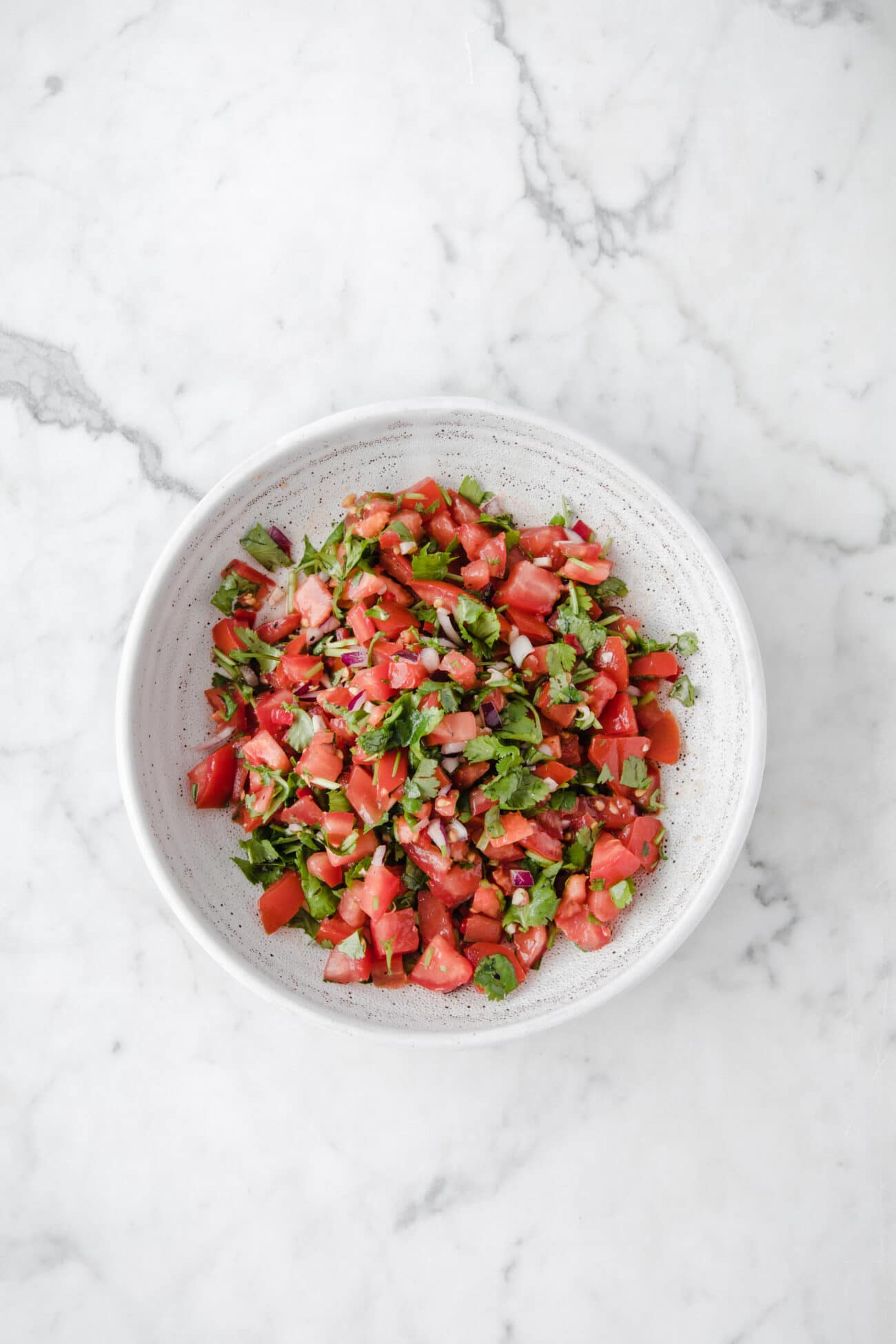 overhead shot of a bowl of finished keto salsa