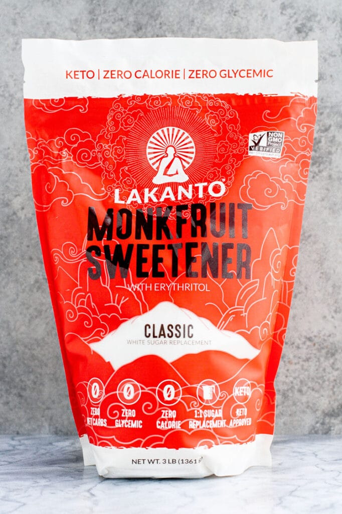 Lakanto Monkfruit Sweetener product shot against a marble background