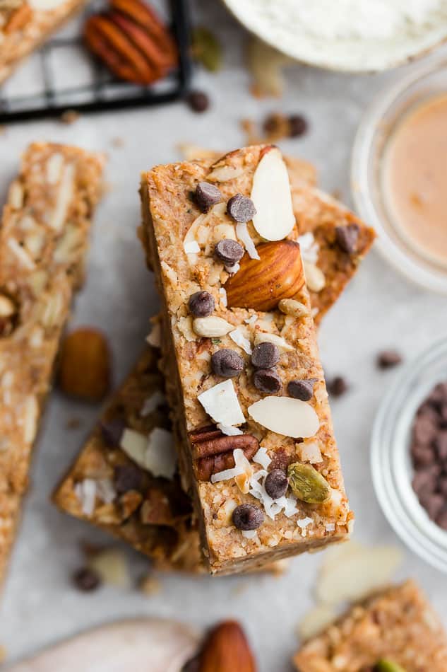 close-up overhead shot of 2 low carb protein bars stacked on top of each other