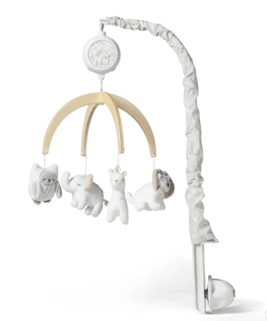 Gender Neutral Crib Mobile Wood with plush toys hanging