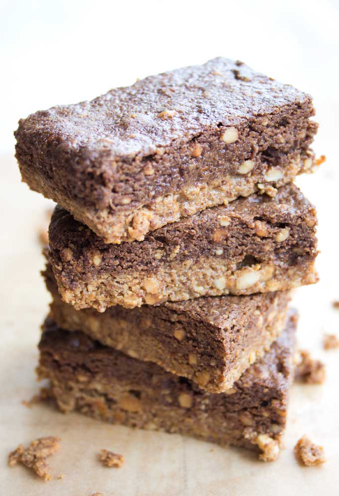 4 low carb peanut butter protein bars stacked together