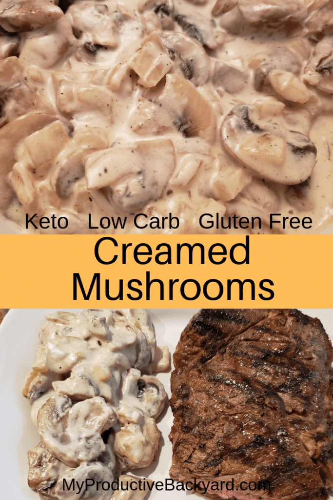 a collage of creamed mushrooms and steak