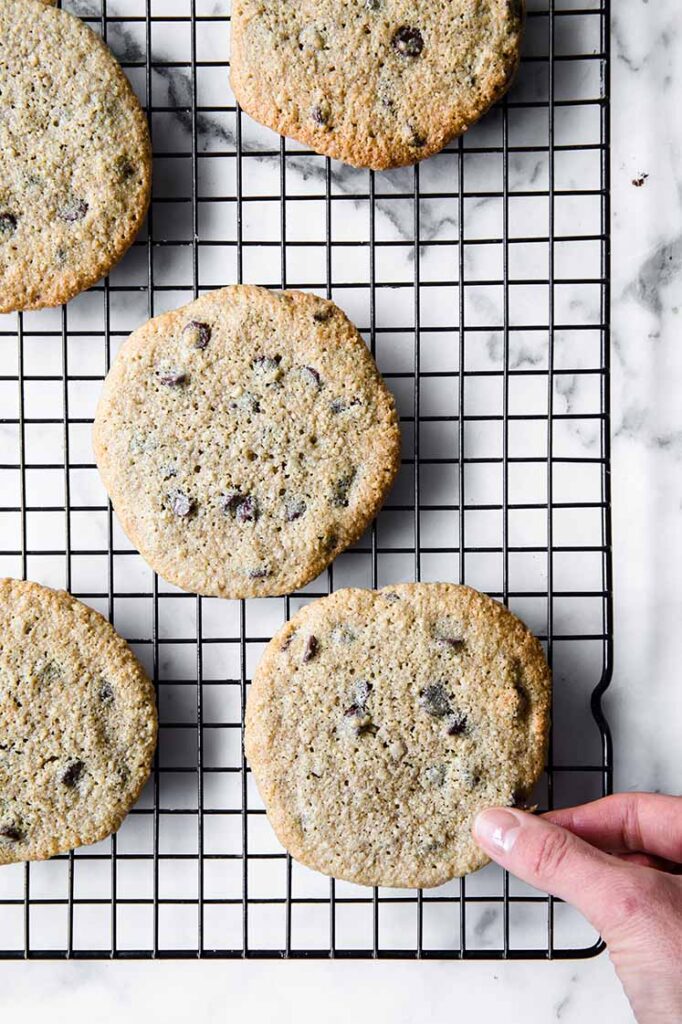 5 nut-free keto chocolate chip cookies resting on a wire rack atop a marble kitchen counter