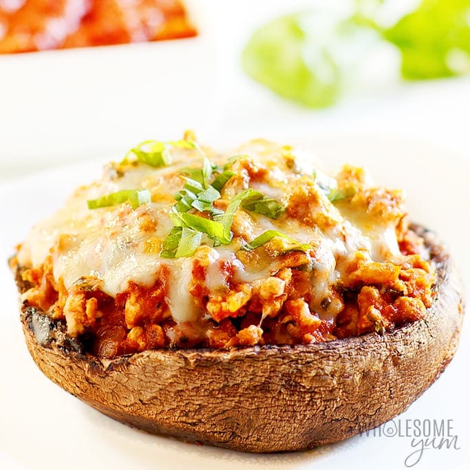 close-up shot of keto italian sausage stuffed mushroom on a plate