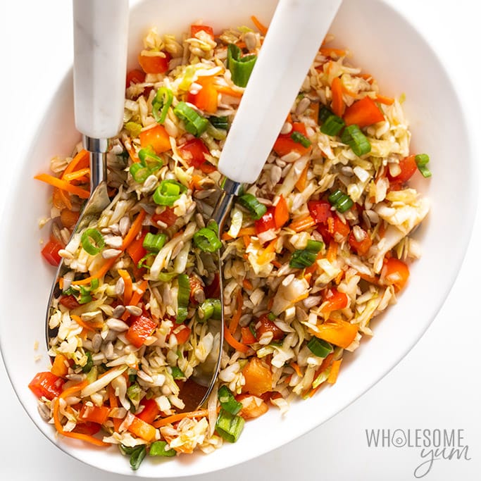 Asian Cabbage Salad in a bowl overhead shot