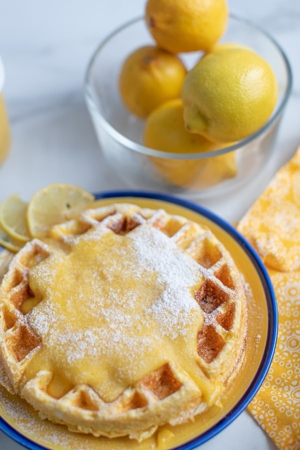 cream cheese chaffle with lemon curd on a plate