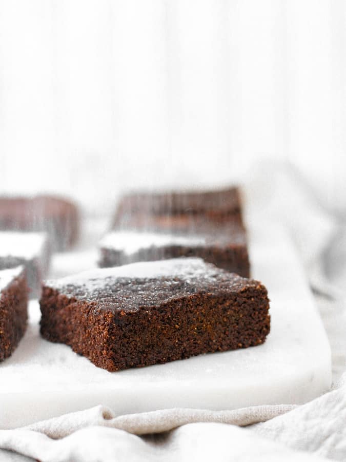 allergy and diet friendly keto brownies dusted with powdered monk fruit sweetener