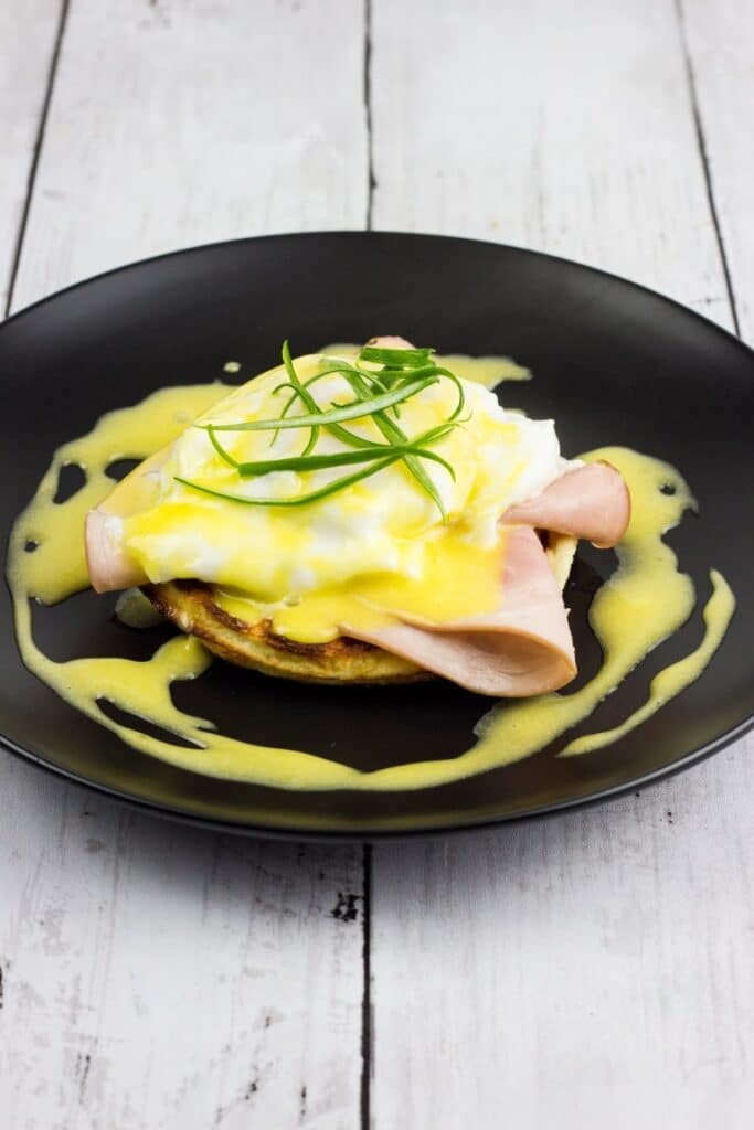 keto eggs benedict chaffle on a pan