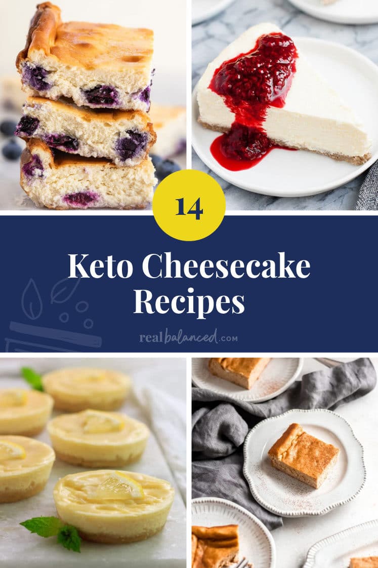 14 keto cheesecake recipes featured image in real balanced blue