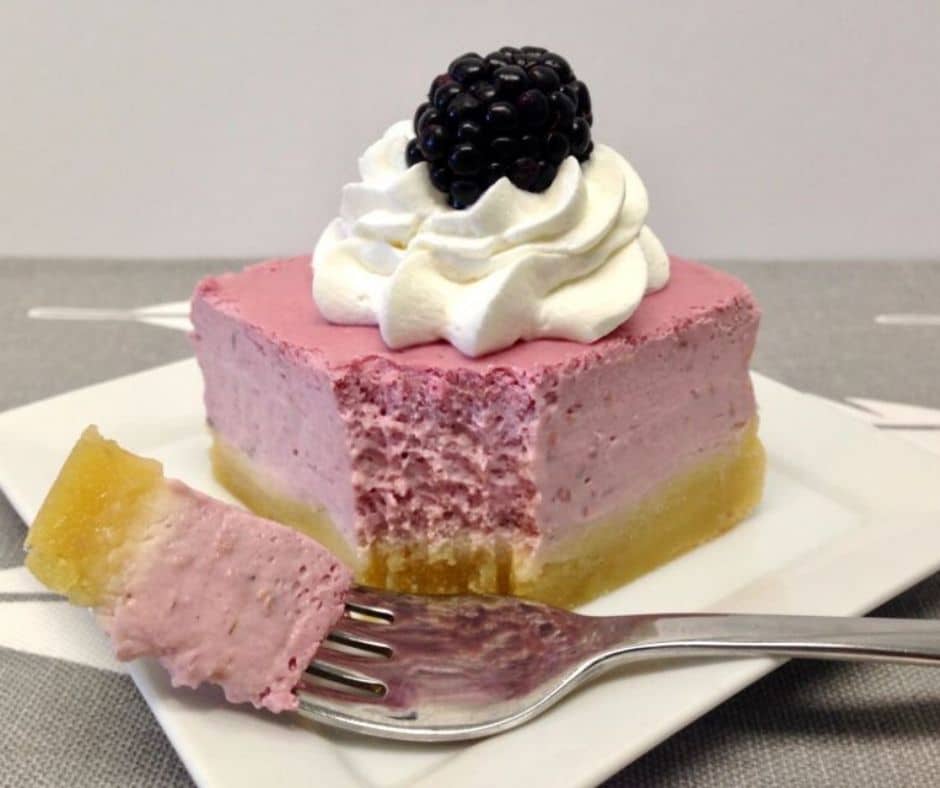 one serving of blackberry cheesecake on a plate