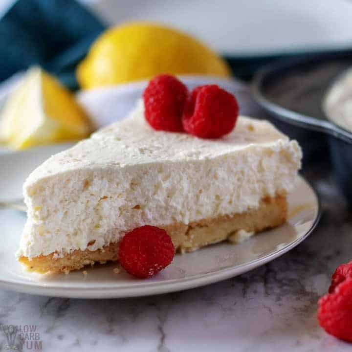 a slice of italian baked lemon ricotta cheesecake on a plate