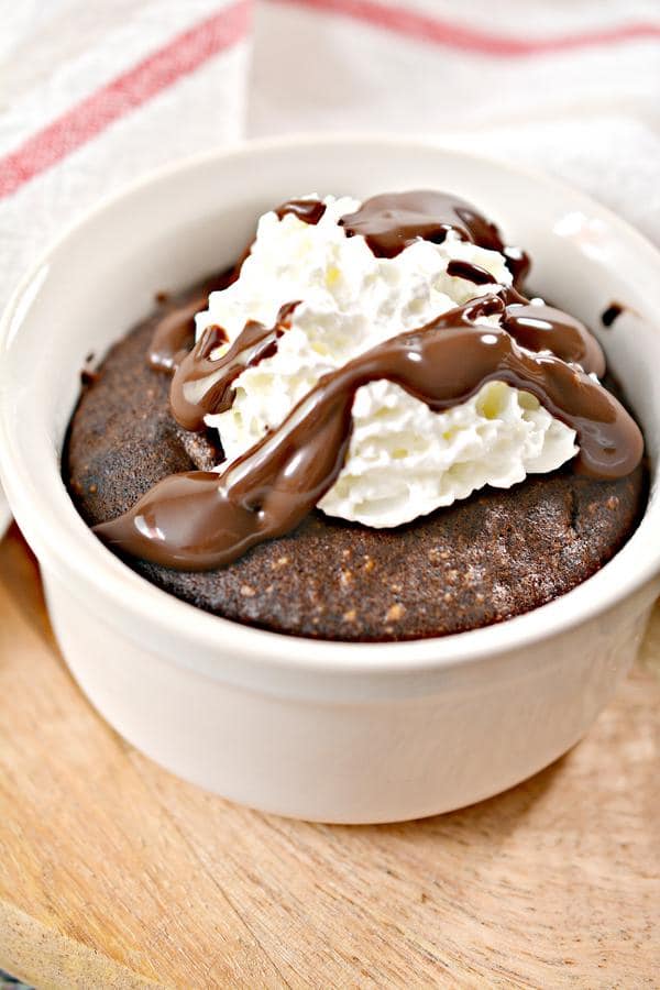 one serving of keto air fryer mini brownie cakes atop a kitchen table