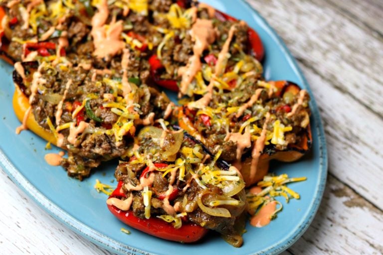 philly cheesesteak stuffed bell peppers on a plate