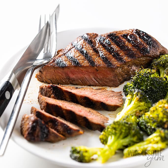 Top Sirloin Steak on a plate being sliced with a steak knife