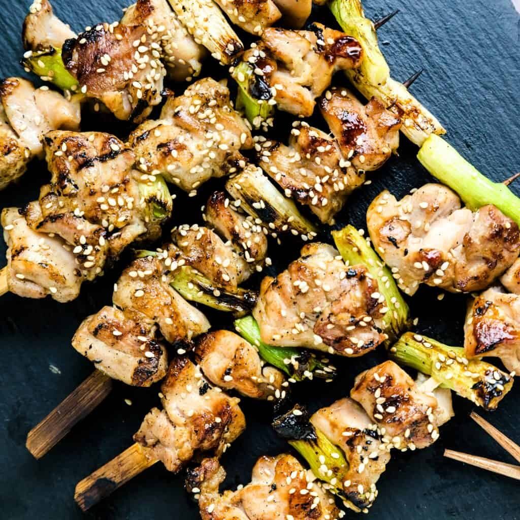 close-up shot of Japanese chicken skewers