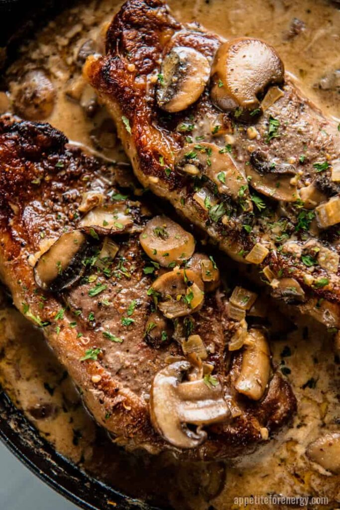 keto father's day recipes close-up overhead shot of keto skillet strip steak with mushroom sauce