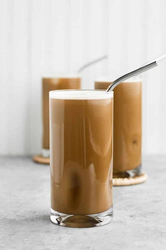 three-glasses-of-Nut-Free-Dairy-Free-Creamy-Cold-Brew-Keto-Coffee-with-straws
