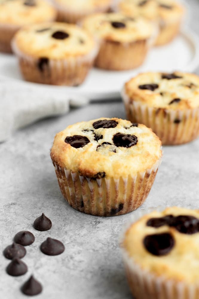 side angled close up shot of low carb chocolate chip banana bread muffins