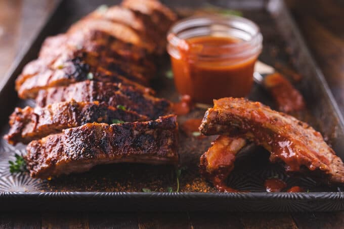 close-up image of keto ribs platter atop a wooden table