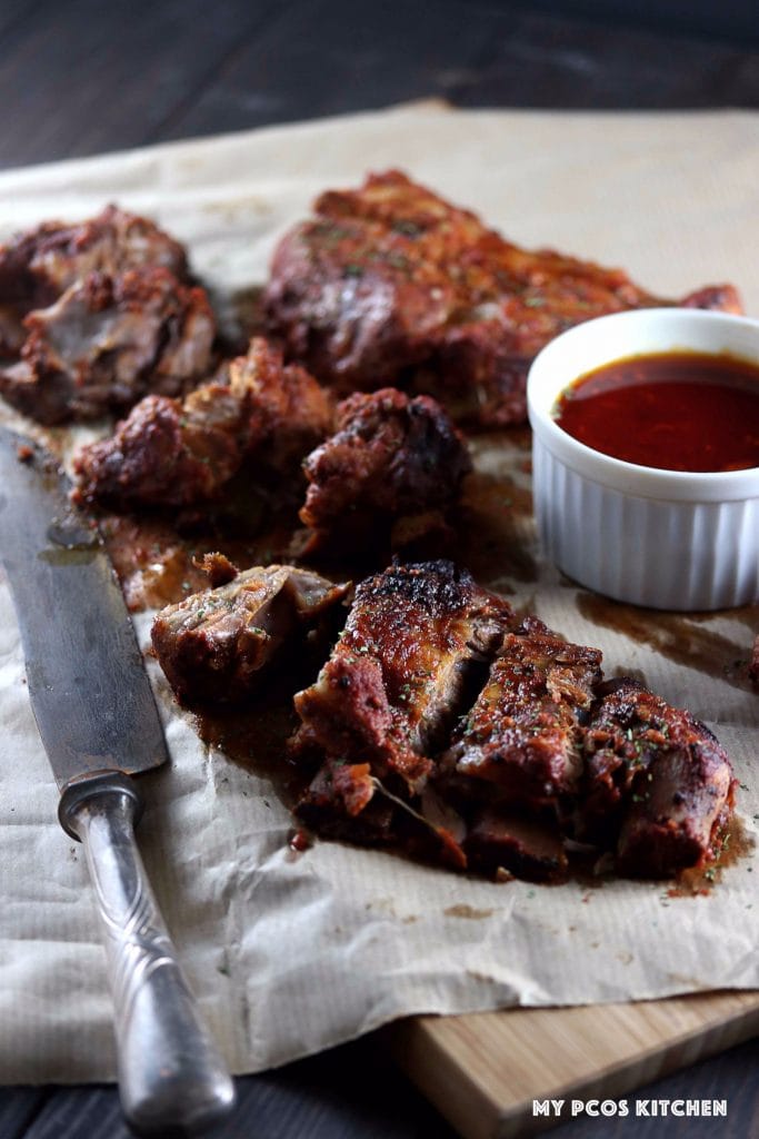 4th of July Keto Recipes - lose up image of a full rack of smoky bbq low carb ribs