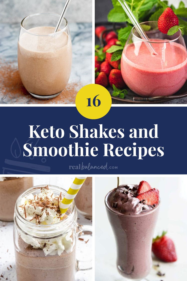 Keto Shakes and Smoothie Recipes Pinterest pin image on a blue colored banner