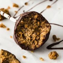 close-up image of a half-eaten nut-free keto pumpkin pie cake pop