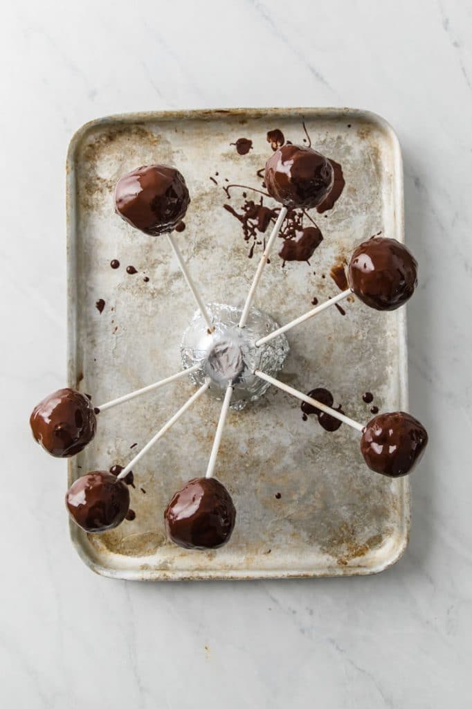 chocolate covered pumpkin pie cake pops on a halved fruit atop a marble kitchen counter