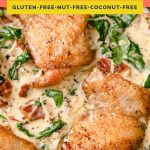 One-Pan Keto Creamy Tuscan Chicken coral colored Pinterest pin image