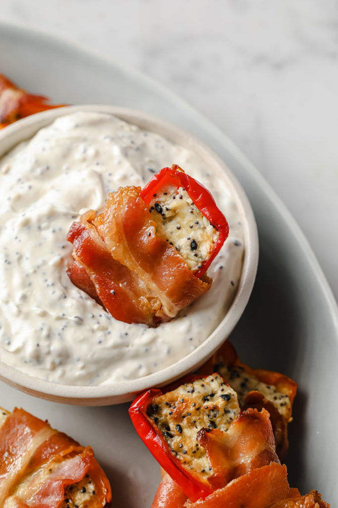bacon-wrapped pepper popper dipped in everything-bagel dip.