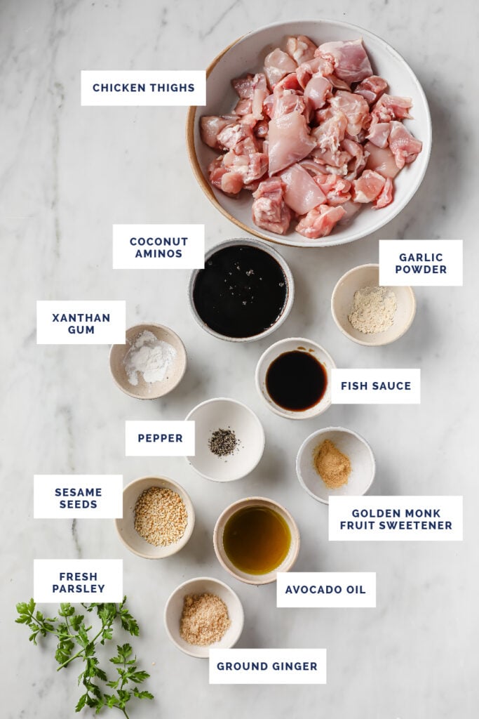 Overhead shot of labeled ingredients for the sweet sticky chicken thighs on a marble countertop.
