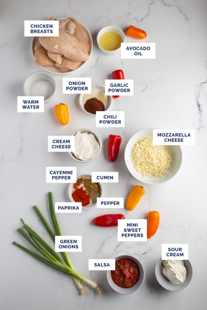 overhead shot of labeled recipe ingredients